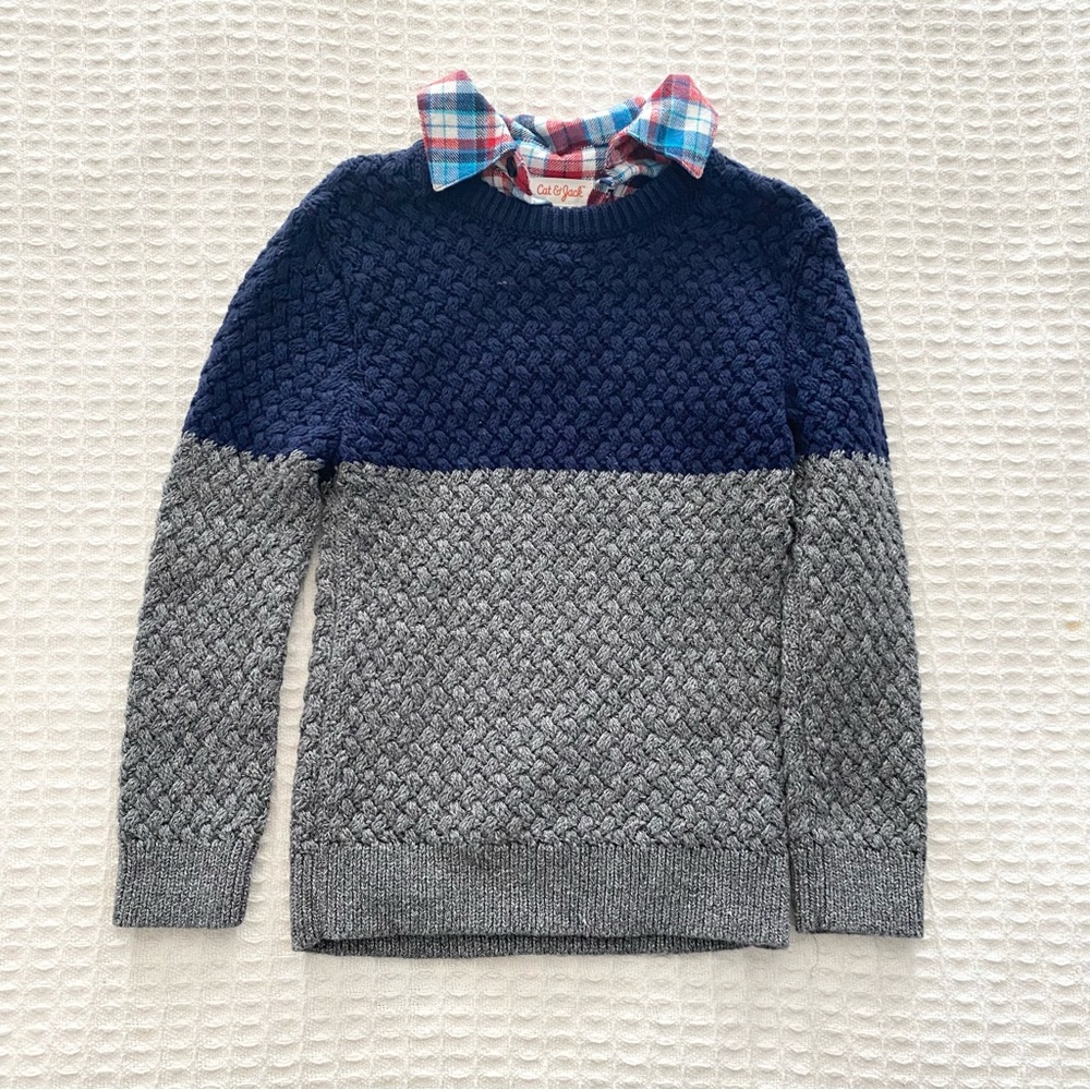 Cat & Jack navy and grey sweater with plaid collar size 3T